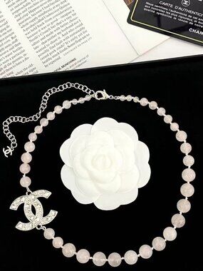 🔱🔱Chanel Double C Full-Diamond Pink Crystal Bead Chain Necklace🍭